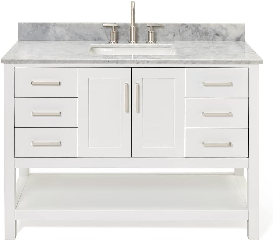 ARIEL Magnolia 48-inch Bathroom Vanity with Sink,Solid Wood, 0.75-inch Italian Carrara Marble Countertop, Single Rectangular Porcelain Sink, 2 Soft Closing Doors, 6 Dovetail Drawers, White