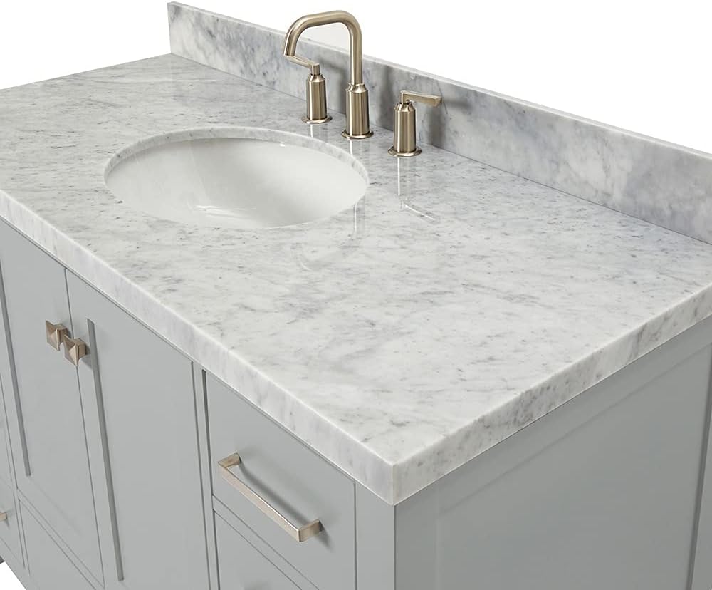 ARIEL Cambridge 48-inch Bathroom Vanity with Sink,Solid Wood, 1.5-inch Italian Carrara Marble Countertop & Backsplash, Single Oval Porcelain Sink, 2 Soft Closing Doors, 9 Dovetail Drawers, Grey