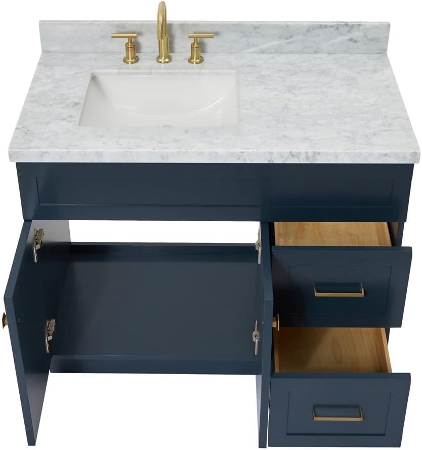 DKB Bradford 42' Midnight Blue Single Bathroom Vanity with Sink, 1.5' Italian Carrara Marble Countertop, Solid Wood, Rectangular Undermount Sink, Soft Closing Doors & Dovetail Drawers, Brushed Nickel