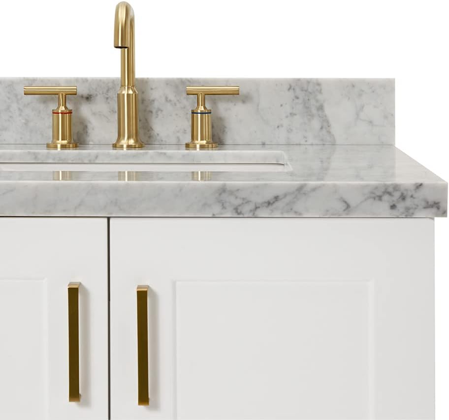 ARIEL Taylor 42-inch Bathroom Vanity with Sink,Solid Wood, 1.5-inch Italian Carrara Marble Countertop, Single Rectangular Porcelain Sink, 2 Soft Closing Doors, 5 Dovetail Drawers, White
