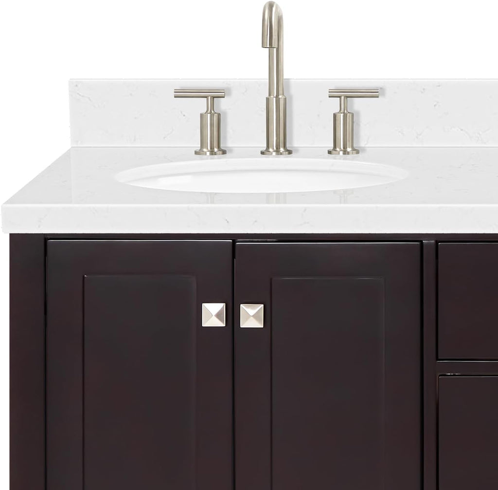 ARIEL Cambridge 66-inch Bathroom Vanity with Sink,Solid Wood, 1.5-inch Carrara White Quartz Countertop & Backsplash, Double Oval Porcelain Sink, 4 Soft Closing Doors, 6 Dovetail Drawers, Espresso