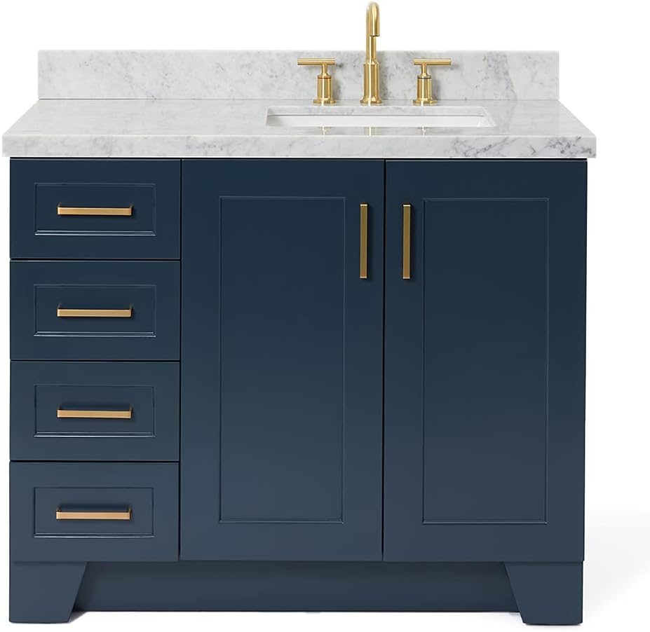 ARIEL Taylor 42-inch Bathroom Vanity with Sink,Solid Wood, 1.5-inch Italian Carrara Marble Countertop, Single Rectangular Porcelain Sink, 2 Soft Closing Doors, 5 Dovetail Drawers, Midnight Blue
