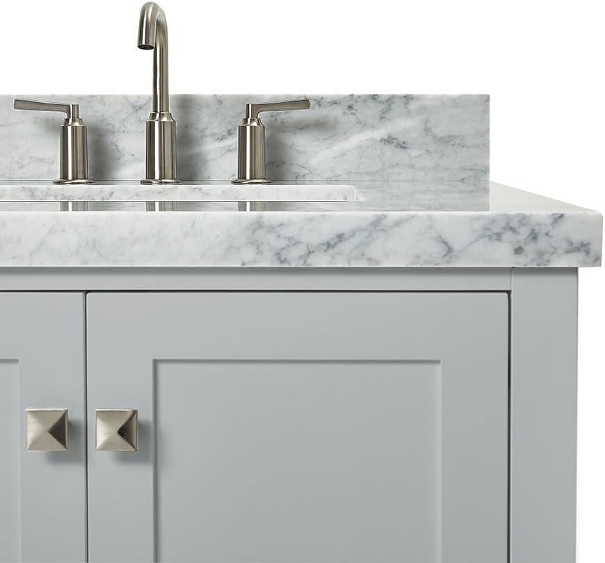 DKB Beckford 42-Inch Grey Bathroom Vanity with Right Offset Rectangular Undermount Sink, Italian Carrara White Marble Countertop, 2 Soft Closing Doors, 5 Dovetail Drawers, No Mirror