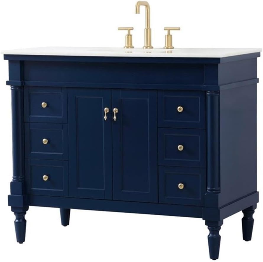 Pemberly Row Traditional 42' Solid Wood Bathroom Vanity, Blue Finish, Off White Marble Top, Porcelain Sink, 6 Soft Closing Drawers, Gold Hardware, Rectangle Design for Bathroom or Powder Room