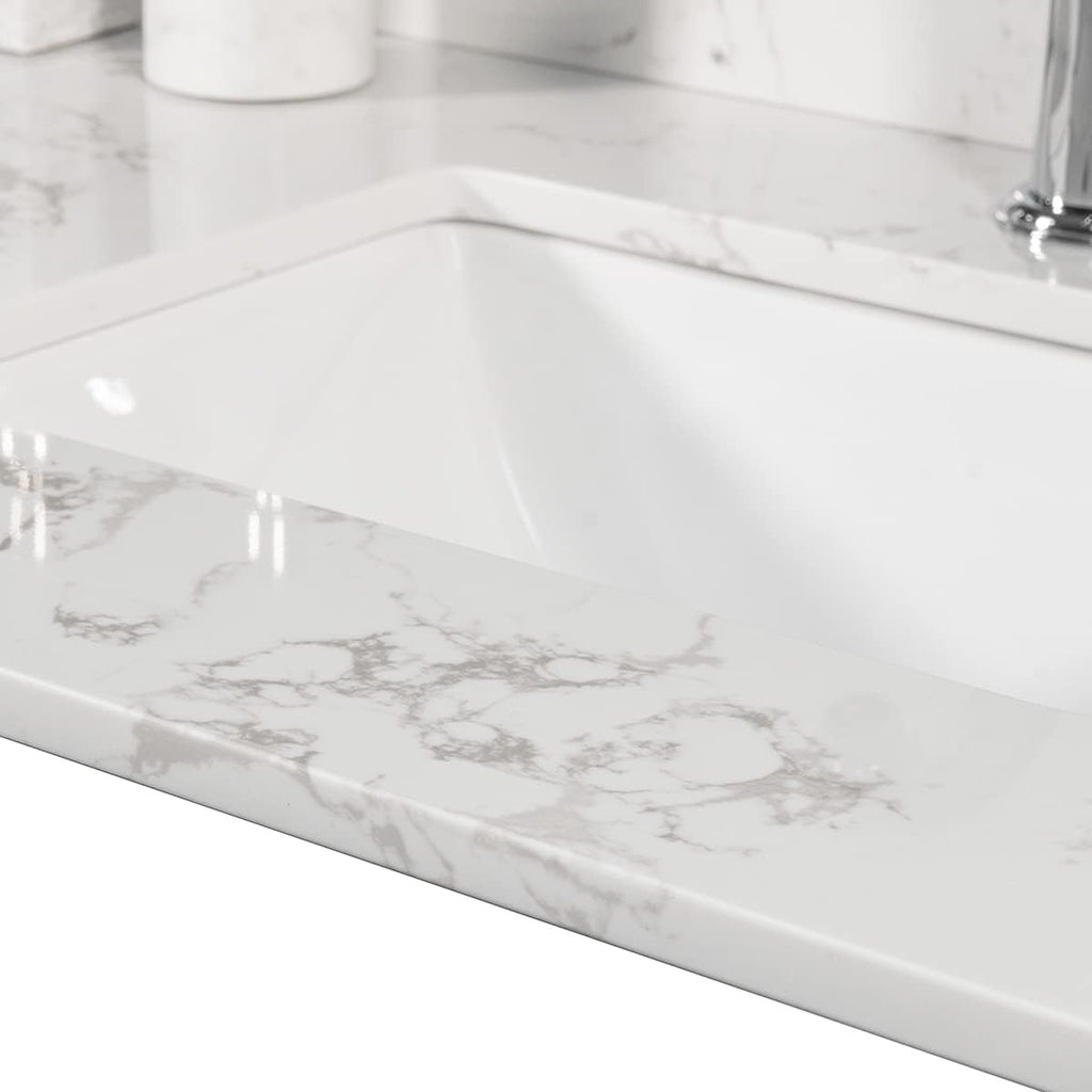 43 Inch Marble Vanity Top with Sink, Engineered Stone Vanity Sink Top with Undermount Ceramic Sink & Backsplash, Single Hole Countertops for Bathroom (Carrara White)