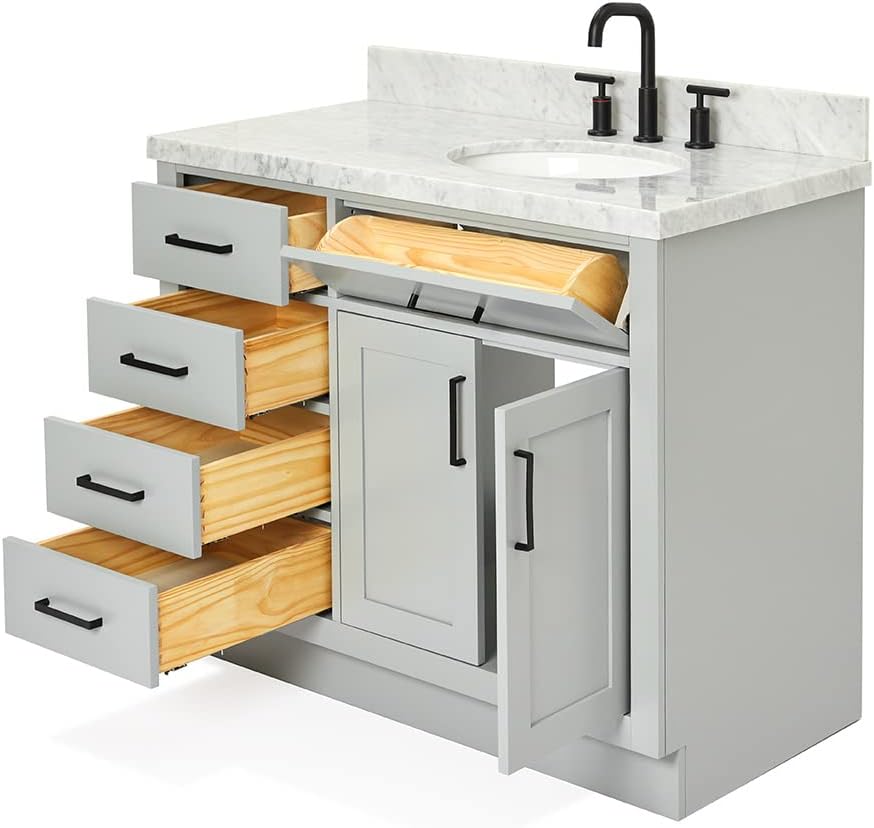 DKB Isabella 42' Gray Single Bathroom Vanity with Sink, 1.5' Edge Italian Carrara Marble Countertop, Oval Sink, 2 Soft Closing Doors, 5 Full Extension Dovetail Drawers