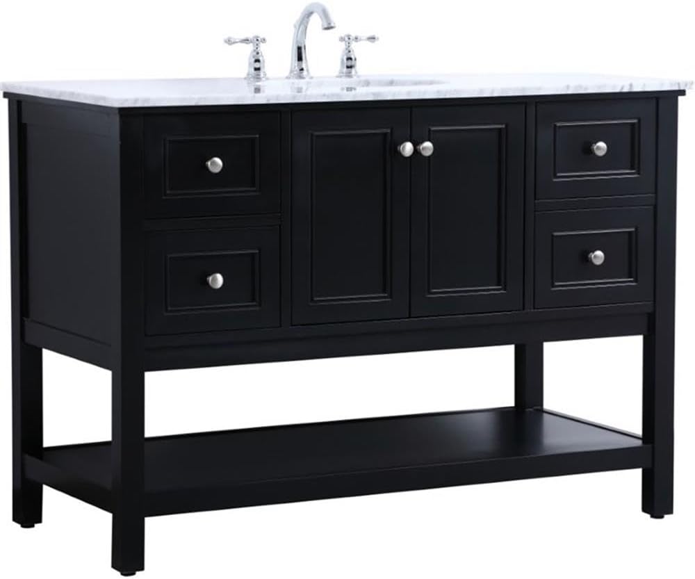 Pemberly Row Contemporary 48' Freestanding Bathroom Vanity, Solid Poplar Wood, Black Finish, Italian White Marble Top with Undermount Porcelain Sink, Soft-Close Drawers, Spacious Storage for Bathroom