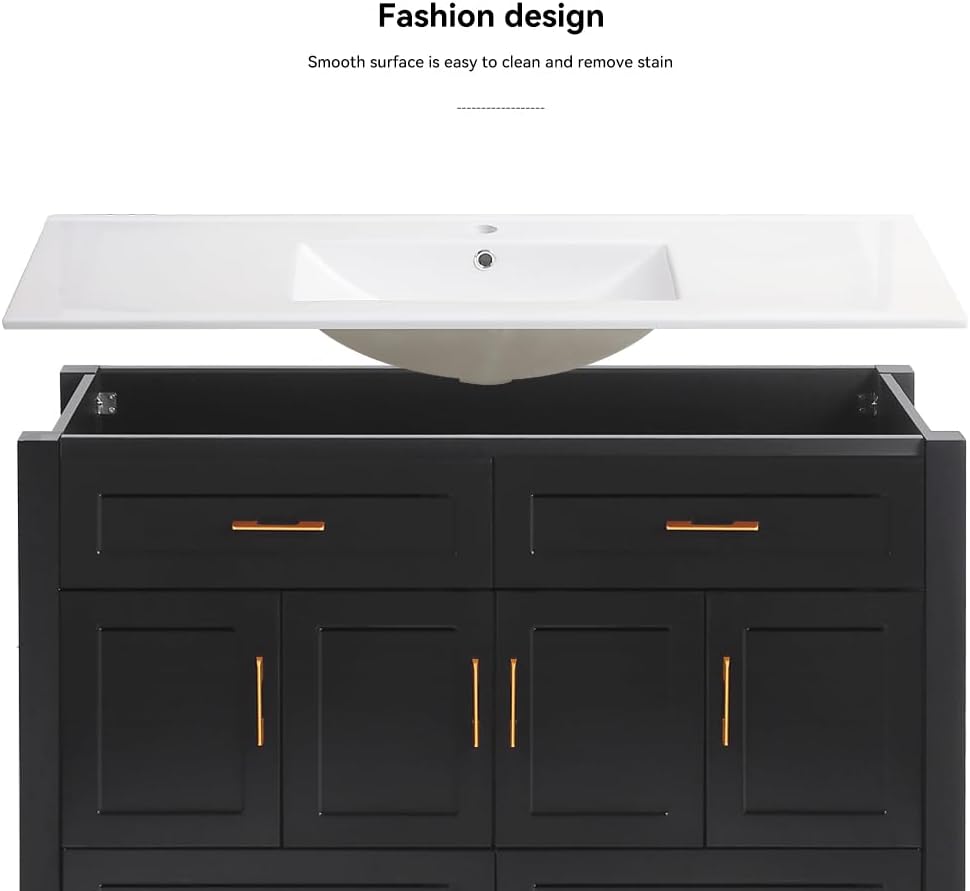 48' Bathroom Vanity with Sink, Modern Freestanding Single Sink Vanity Cabinet with Gold Handles, 2 Drawers & 4 Soft-Close Doors, Solid Wood Frame Bathroom Storage Cabinet with Ceramic Top, Black