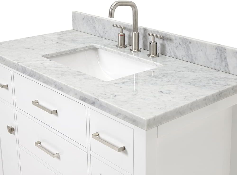 ARIEL 48' White Bathroom Vanity with Sink, 1.5' Edge Italian Carrara Marble Countertop, Rectangular Undermount Sink, 2 Soft Closing Doors, 5 Dovetail Drawers
