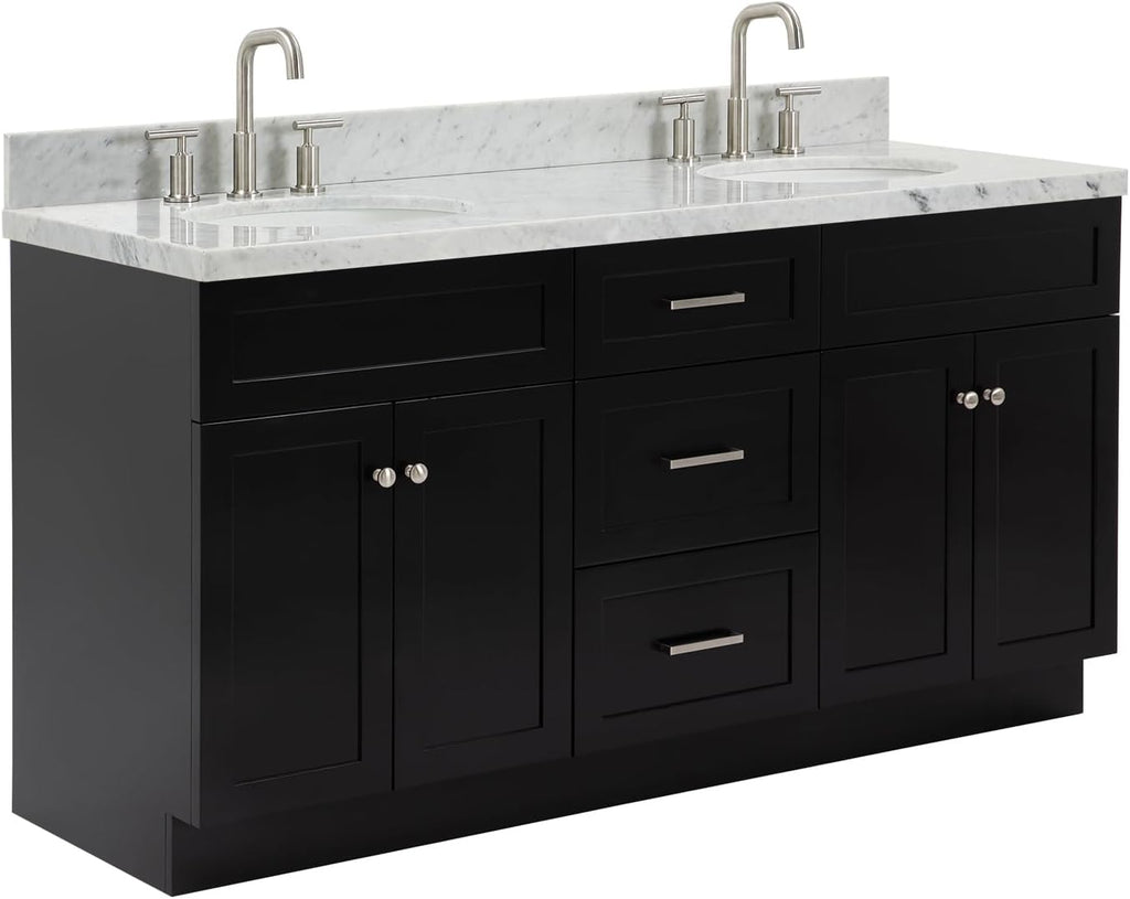 ARIEL Hamlet 66-inch Bathroom Vanity with Sink,Solid Wood, 1.5-inch Italian Carrara Marble Countertop & Backsplash, Double Oval Porcelain Sink, 4 Soft Closing Doors, 3 Dovetail Drawers, Black