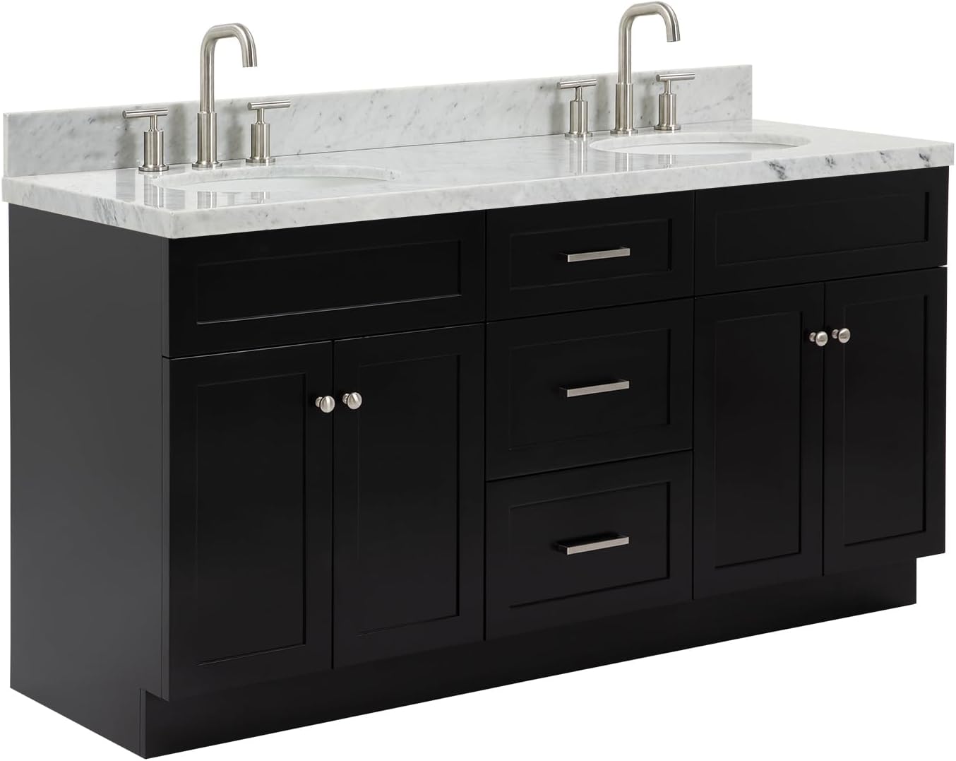 ARIEL Hamlet 66-inch Bathroom Vanity with Sink,Solid Wood, 1.5-inch Italian Carrara Marble Countertop & Backsplash, Double Oval Porcelain Sink, 4 Soft Closing Doors, 3 Dovetail Drawers, Black