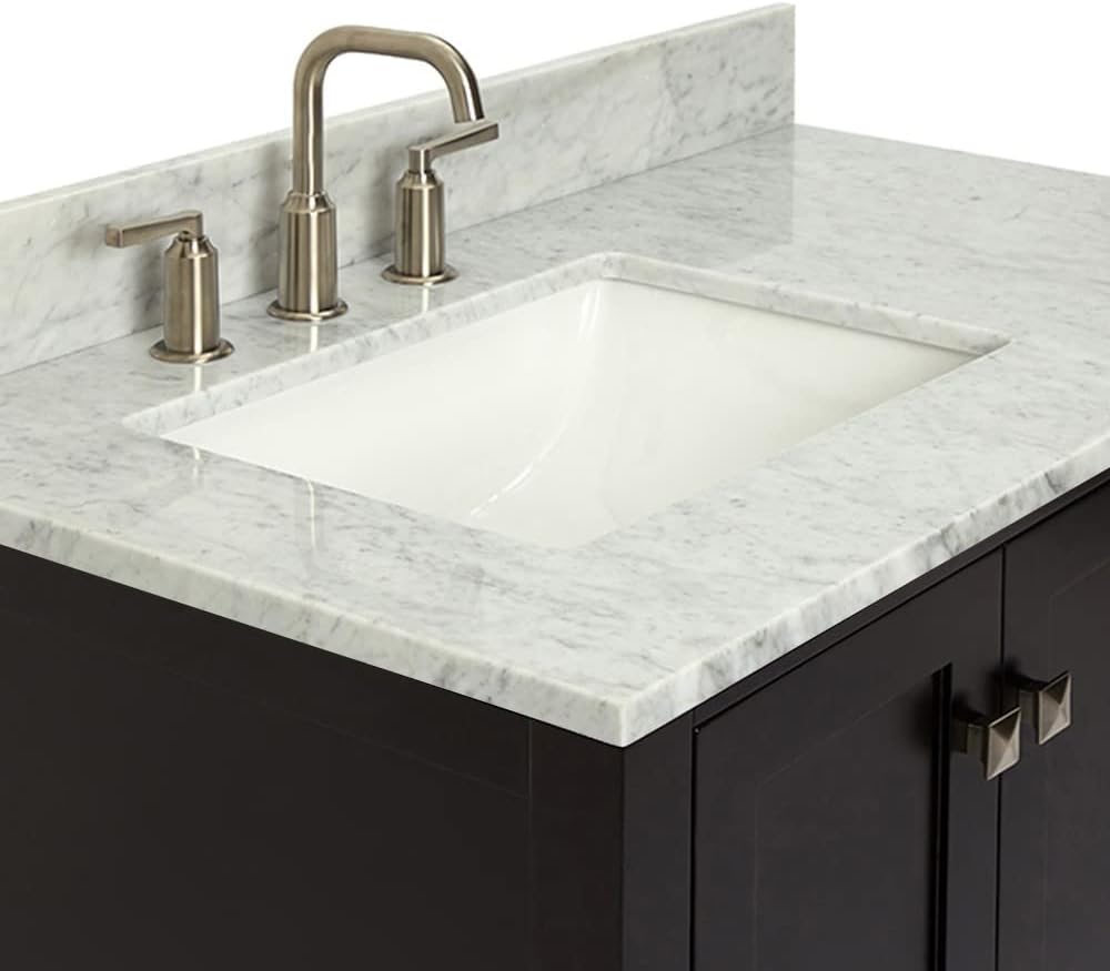 ARIEL Cambridge 36-inch Bathroom Vanity with Sink,Solid Wood, 0.75-inch Italian Carrara Marble Countertop, Single Rectangular Porcelain Sink, 2 Soft Closing Doors, 5 Dovetail Drawers, Espresso