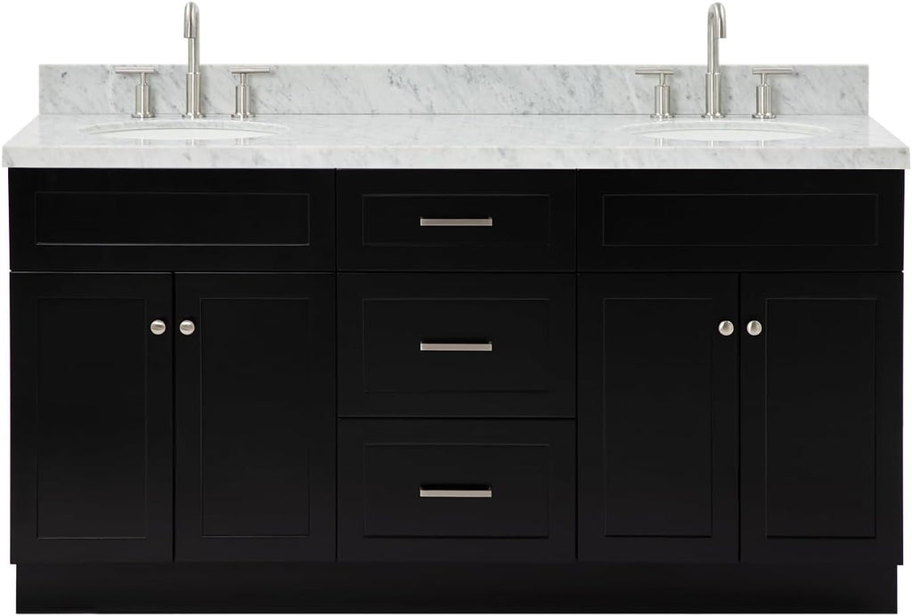 ARIEL Hamlet 66-inch Bathroom Vanity with Sink,Solid Wood, 1.5-inch Italian Carrara Marble Countertop & Backsplash, Double Oval Porcelain Sink, 4 Soft Closing Doors, 3 Dovetail Drawers, Black