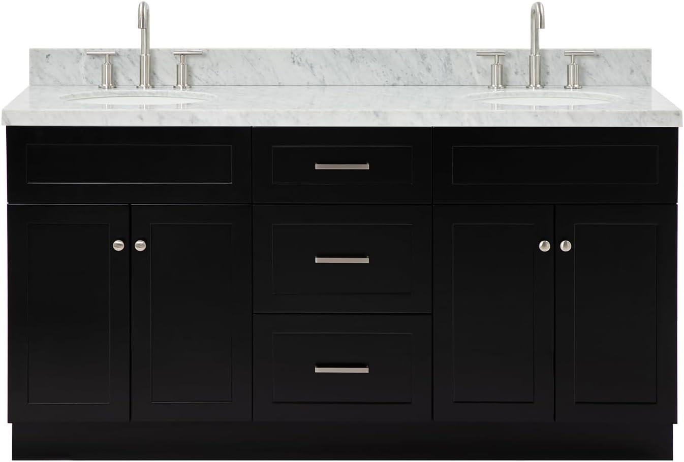 ARIEL Hamlet 66-inch Bathroom Vanity with Sink,Solid Wood, 1.5-inch Italian Carrara Marble Countertop & Backsplash, Double Oval Porcelain Sink, 4 Soft Closing Doors, 3 Dovetail Drawers, Black