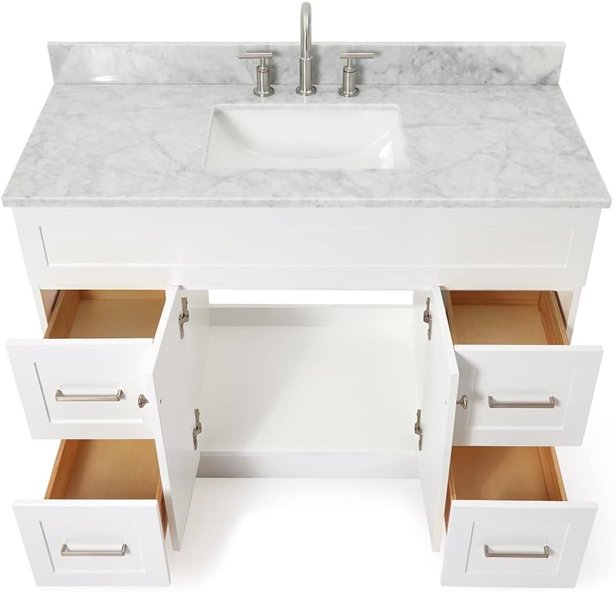 ARIEL Hamlet 48-inch Bathroom Vanity with Sink,Solid Wood, 0.75-inch Italian Carrara Marble Countertop, Single Rectangular Porcelain Sink, Soft Closing Doors, Dovetail Drawers, White