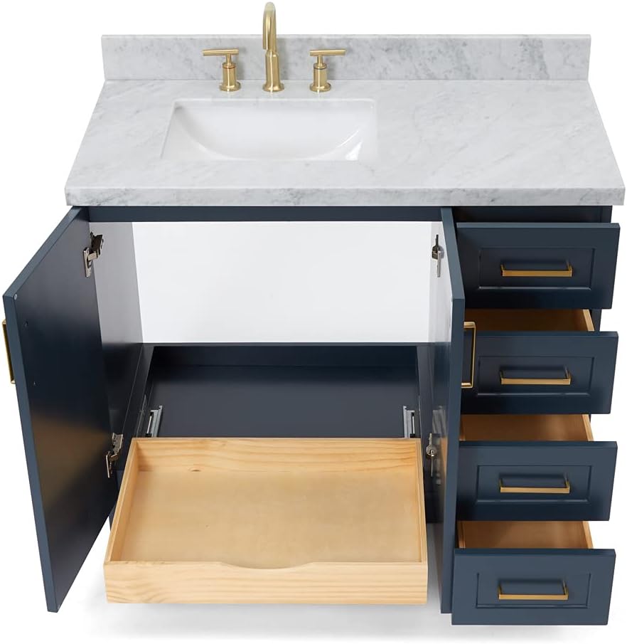 ARIEL Taylor 42-inch Bathroom Vanity with Sink,Solid Wood, 1.5-inch Italian Carrara Marble Countertop, Single Rectangular Porcelain Sink, 2 Soft Closing Doors, 5 Dovetail Drawers, Midnight Blue