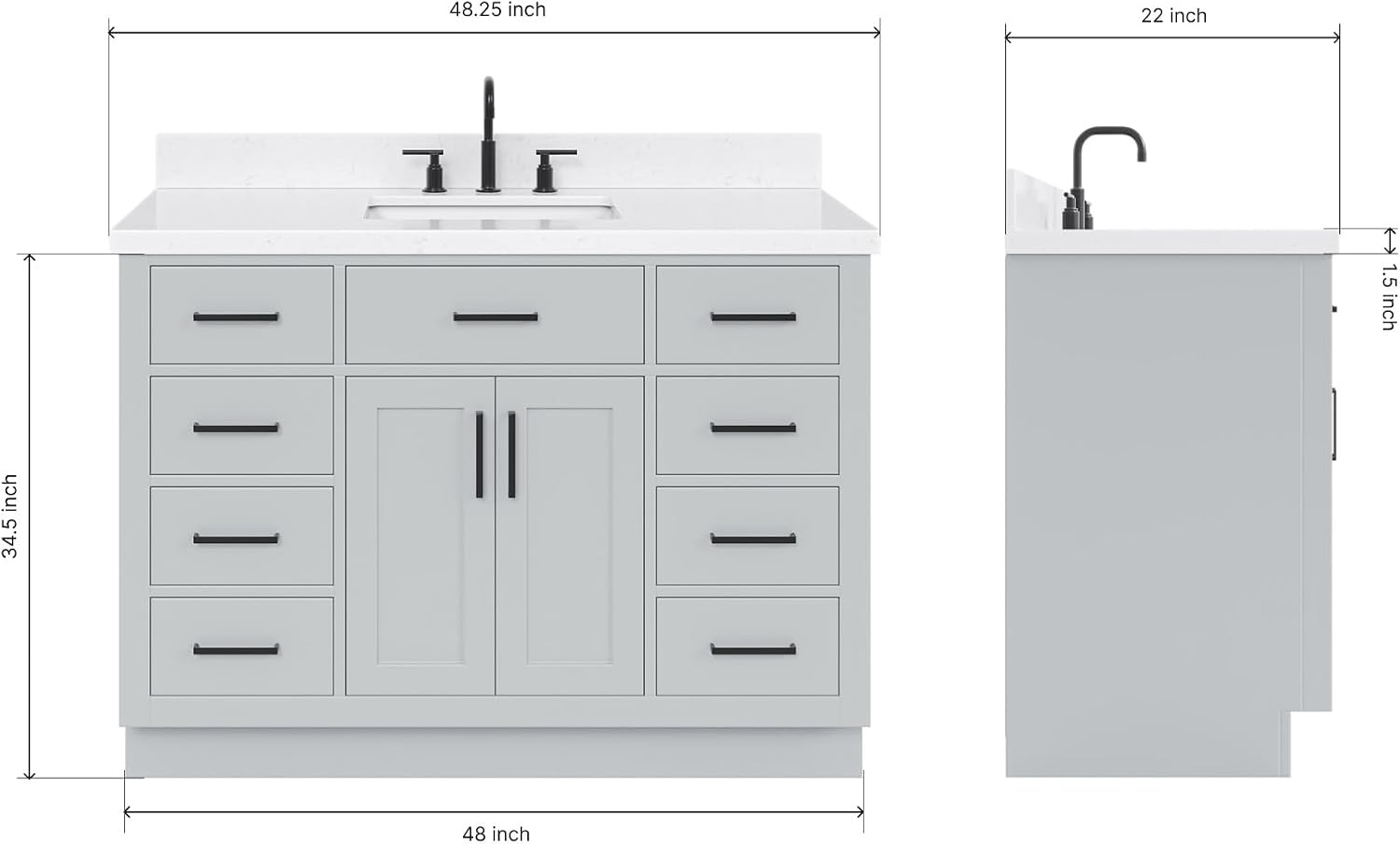 ARIEL Hepburn 48-inch Bathroom Vanity with Sink,Solid Wood, 1.5-inch Carrara White Quartz Countertop & Backsplash, Single Rectangular Porcelain Sink, 2 Soft Closing Doors, 9 Dovetail Drawers, Grey