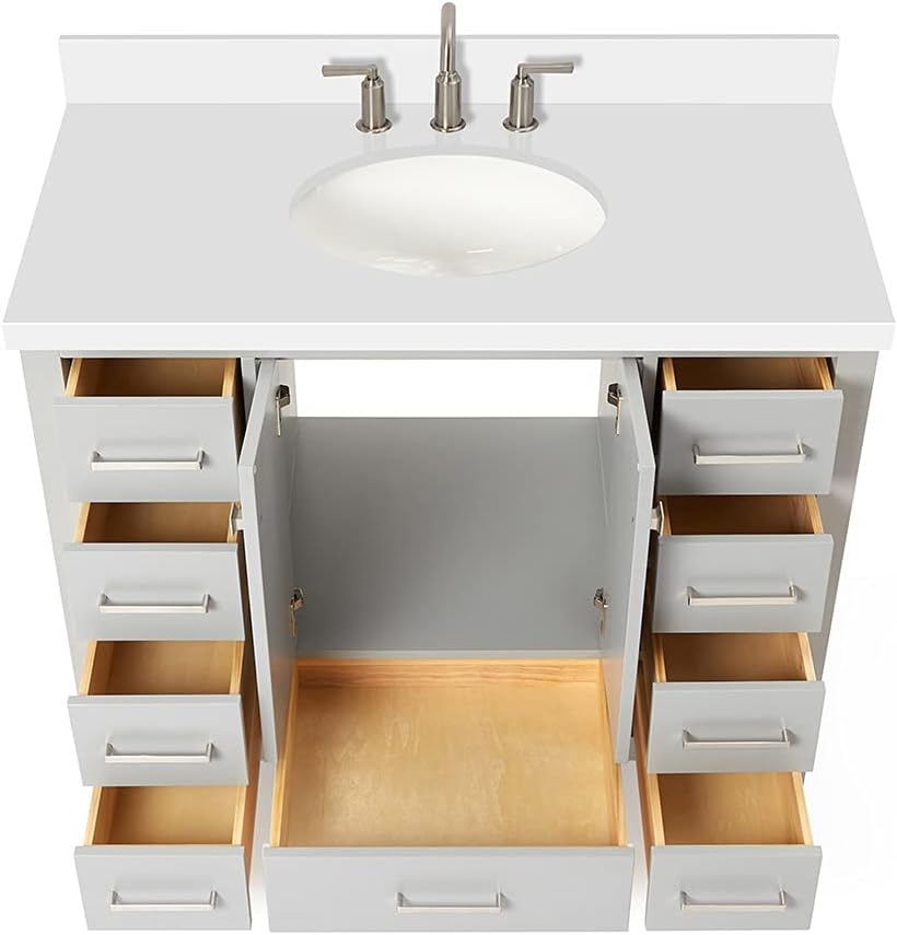 DKB Beckford 42-Inch Gray Bathroom Vanity with Sink, 1.5-Inch Pure White Quartz Countertop & Sidesplash, Oval Undermount Sink, 2 Soft Closing Doors, 9 Full Extension Dovetail Drawers, Satin Nickel
