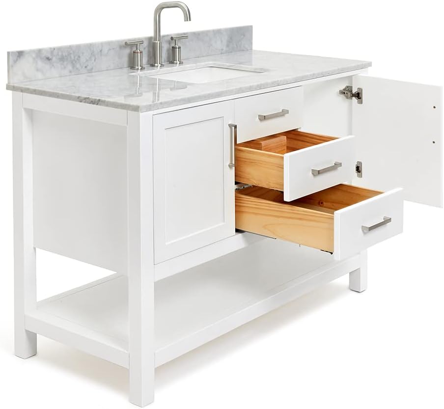 ARIEL Bayhill 48-inch Bathroom Vanity with Sink,Solid Wood, 0.75-inch Italian Carrara Marble Countertop, Single Rectangular Porcelain Sink, 2 Soft Closing Doors, 2 Dovetail Drawers, White