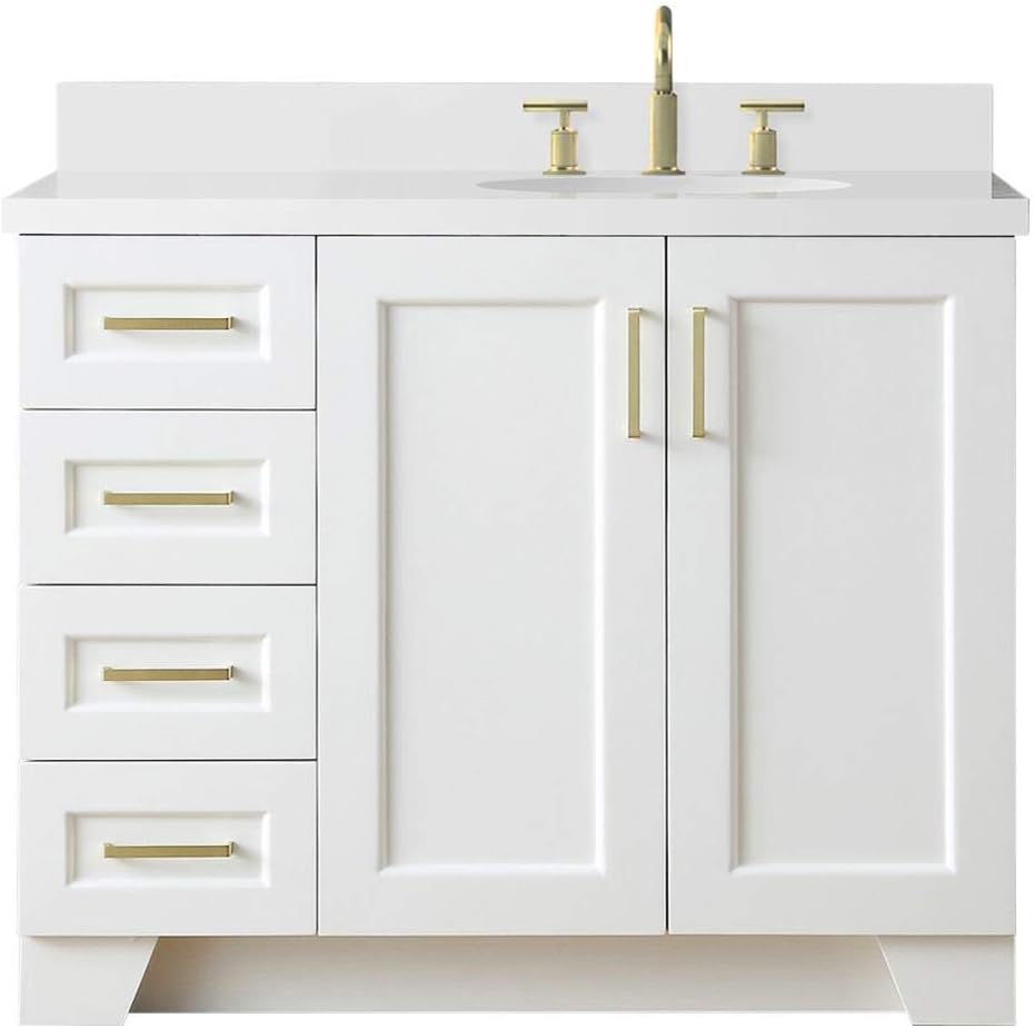 ARIEL Taylor 42-inch Bathroom Vanity with Sink,Solid Wood, 1.5-inch Pure White Quartz Countertop & Backsplash, Single Oval Porcelain Sink, 2 Soft Closing Doors, 5 Dovetail Drawers, White