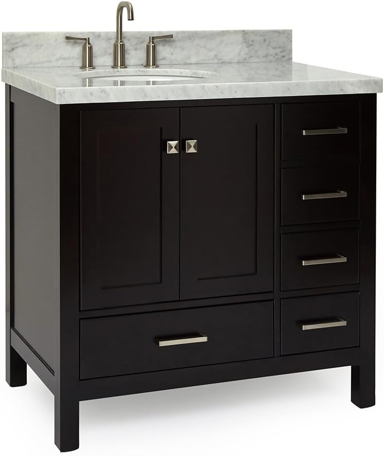 ARIEL Cambridge 36-inch Bathroom Vanity with Sink,Solid Wood, 1.5-inch Italian Carrara Marble Countertop & Backsplash, Single Oval Porcelain Sink, 2 Soft Closing Doors, 5 Dovetail Drawers, Espresso