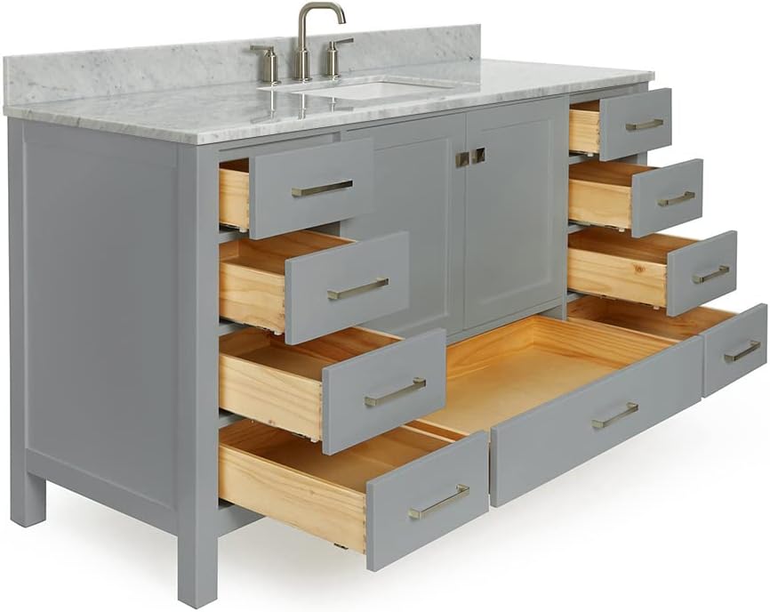ARIEL Cambridge 60-inch Bathroom Vanity with Sink,Solid Wood, 0.75-inch Italian Carrara Marble Countertop, Single Rectangular Porcelain Sink, 2 Soft Closing Doors, 9 Dovetail Drawers, Grey