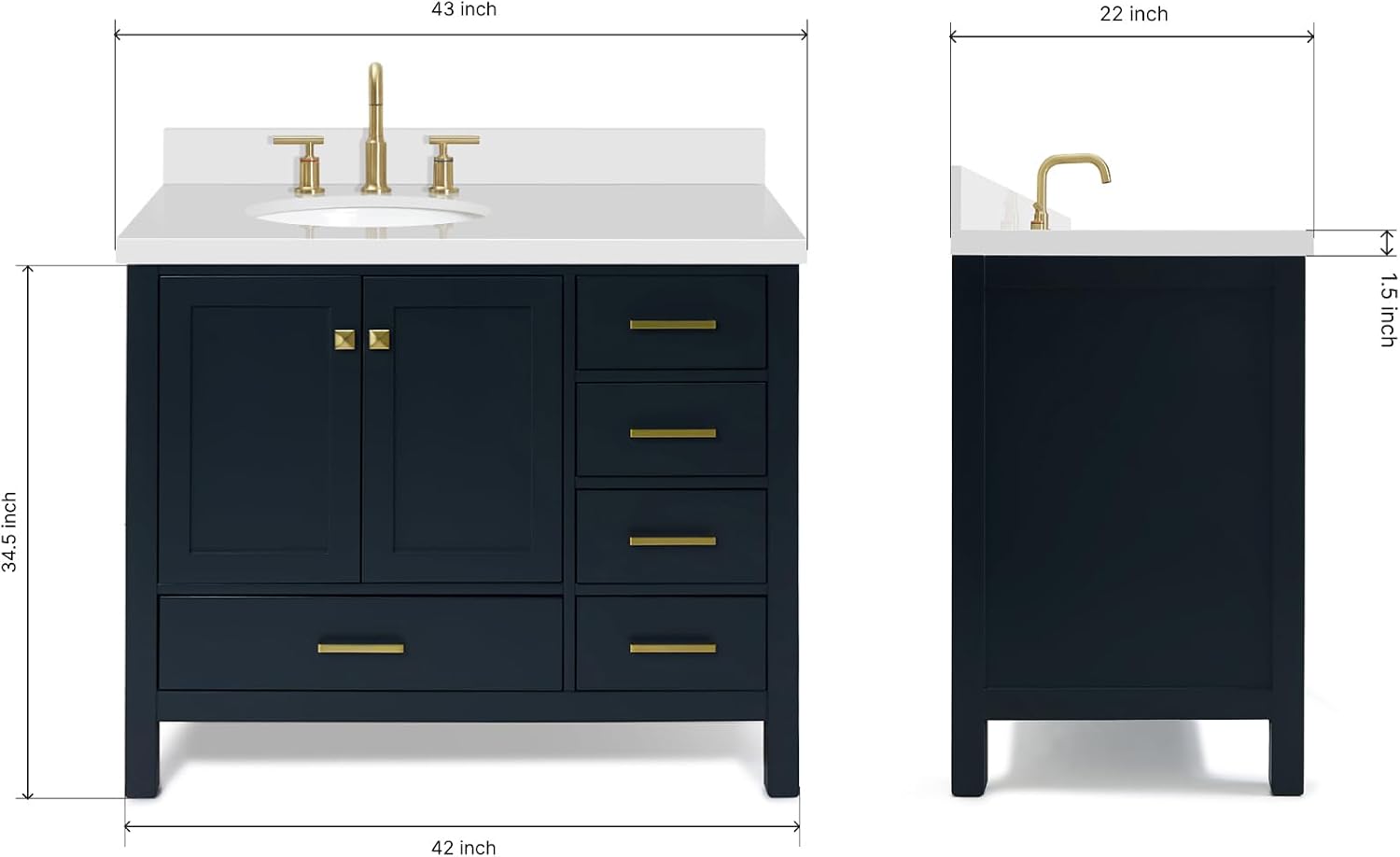 ARIEL Cambridge 42-inch Bathroom Vanity with Sink,Solid Wood, 1.5-inch Pure White Quartz Countertop & Backsplash, Single Oval Porcelain Sink, 2 Soft Closing Doors, 5 Dovetail Drawers, Midnight Blue