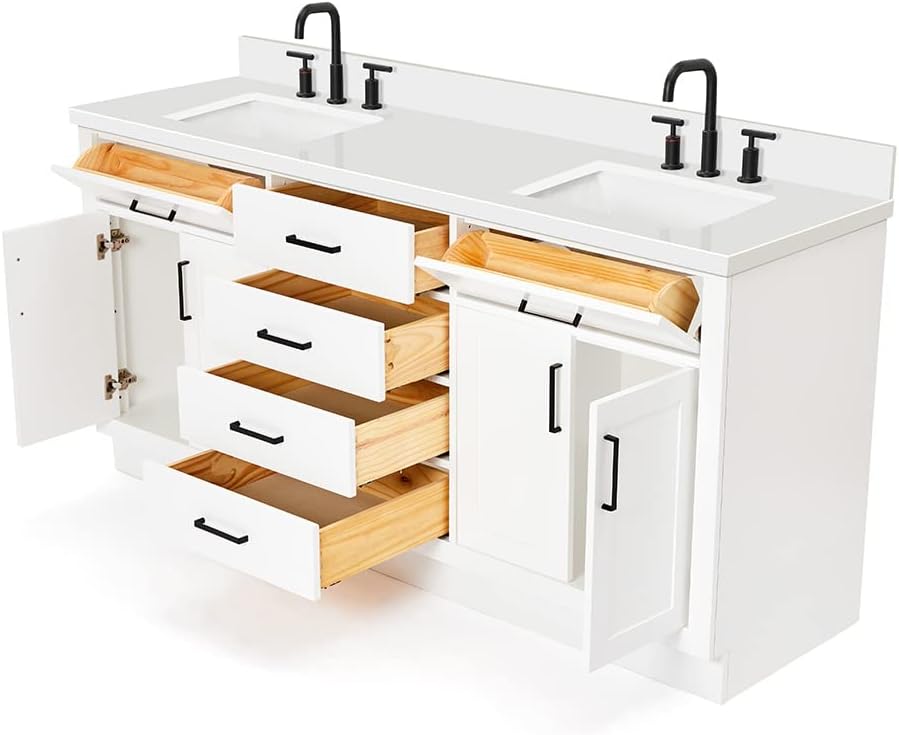 DKB Isabella 72 Inch Bathroom Vanity Double Sink — White Bathroom Vanity with Sink, 1.5' Edge Pure White Quartz Countertop, 4 Soft-Close Doors, 4 Dovetail Drawers, and 2 Tilt Drawers
