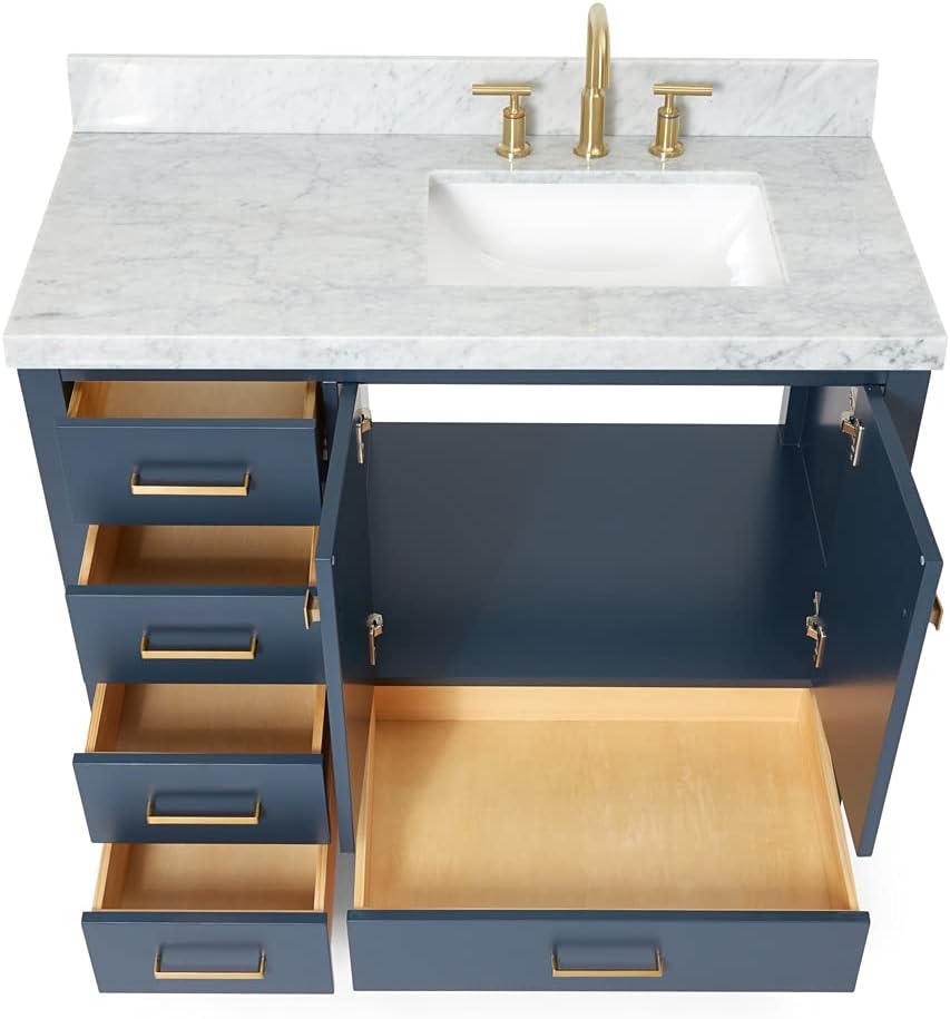 DKB Beckford 42-Inch Midnight Blue Bathroom Vanity with Sink, 1.5-Inch Italian Carrara Marble Countertop & Backsplash, Rectangular Sink, 2 Soft Closing Doors, 5 Dovetail Drawers, Satin Brass Hardware