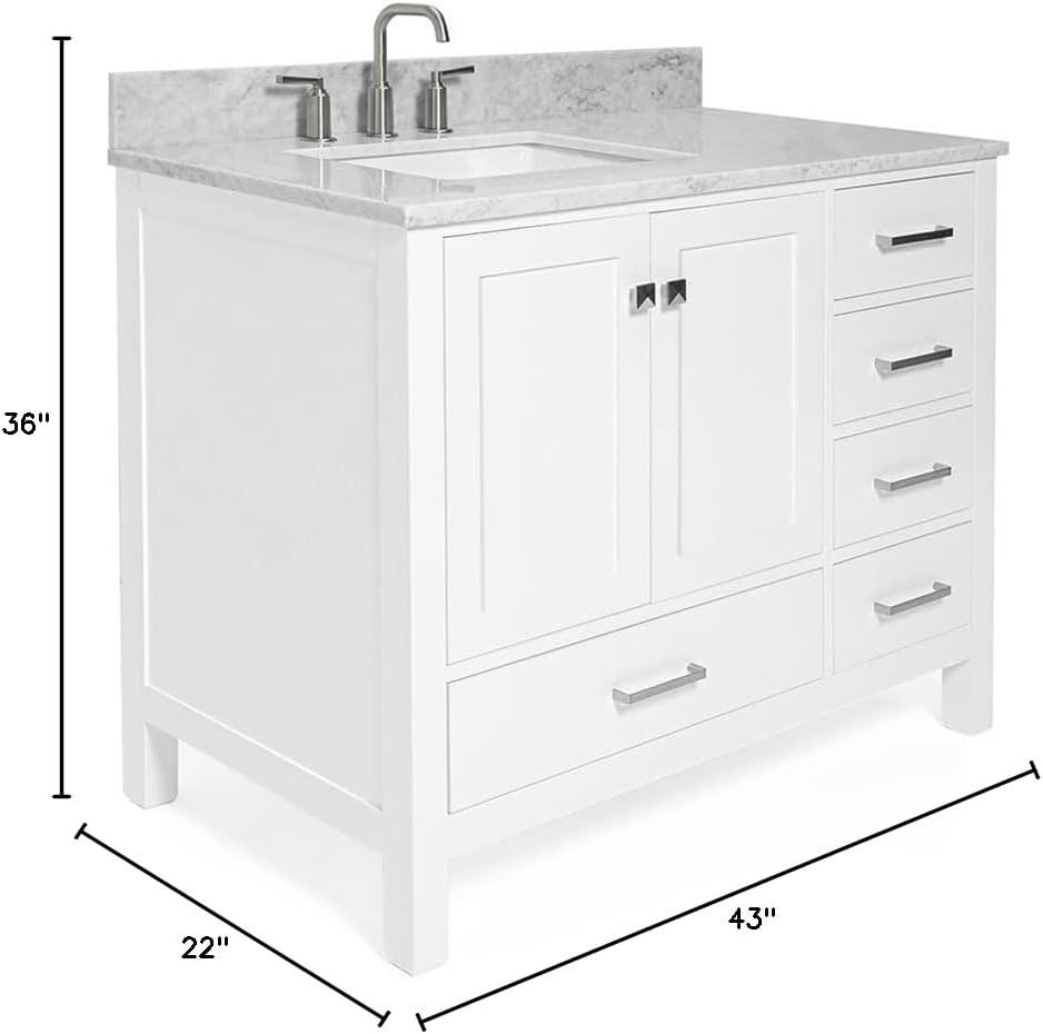 ARIEL Cambridge 43 in. Left Offset Rectangle Single Sink Vanity with Carrara White Marble Countertop in White