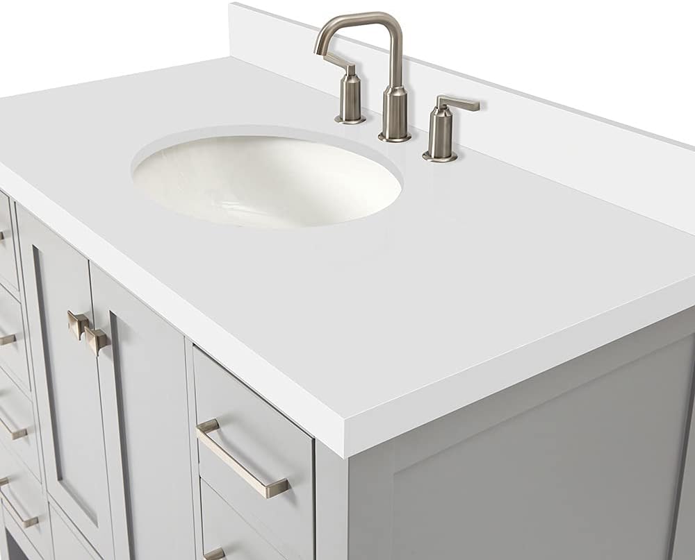 DKB Beckford 42-Inch Gray Bathroom Vanity with Sink, 1.5-Inch Pure White Quartz Countertop & Sidesplash, Oval Undermount Sink, 2 Soft Closing Doors, 9 Full Extension Dovetail Drawers, Satin Nickel