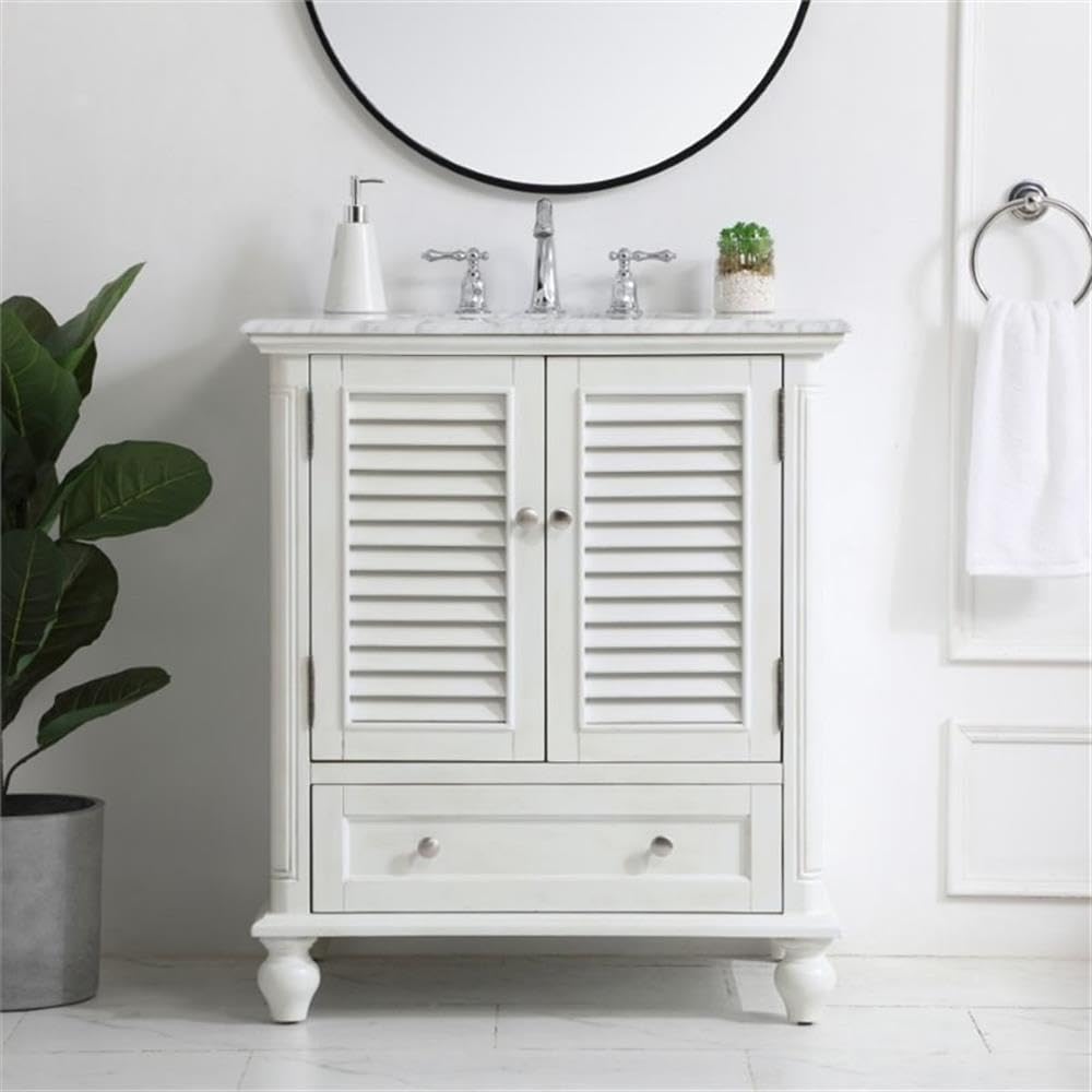Pemberly Row 30' Single Marble Top Bathroom Vanity in Antique White