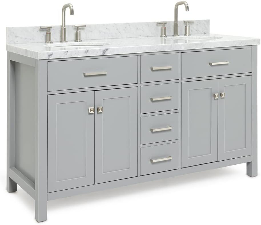 ARIEL Bristol 60-inch Bathroom Vanity with Sink,Solid Wood, 1.5-inch Italian Carrara Marble Countertop, Double Oval Porcelain Sink, Soft Closing Doors, Dovetail Drawers, Grey