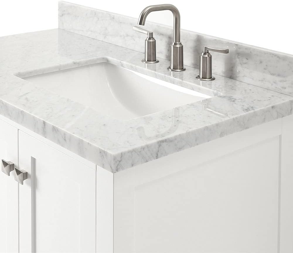 ARIEL Cambridge 36-inch Bathroom Vanity with Sink,Solid Wood, 1.5-inch Italian Carrara Marble Countertop, Single Rectangular Porcelain Sink, 2 Soft Closing Doors, 5 Dovetail Drawers, White