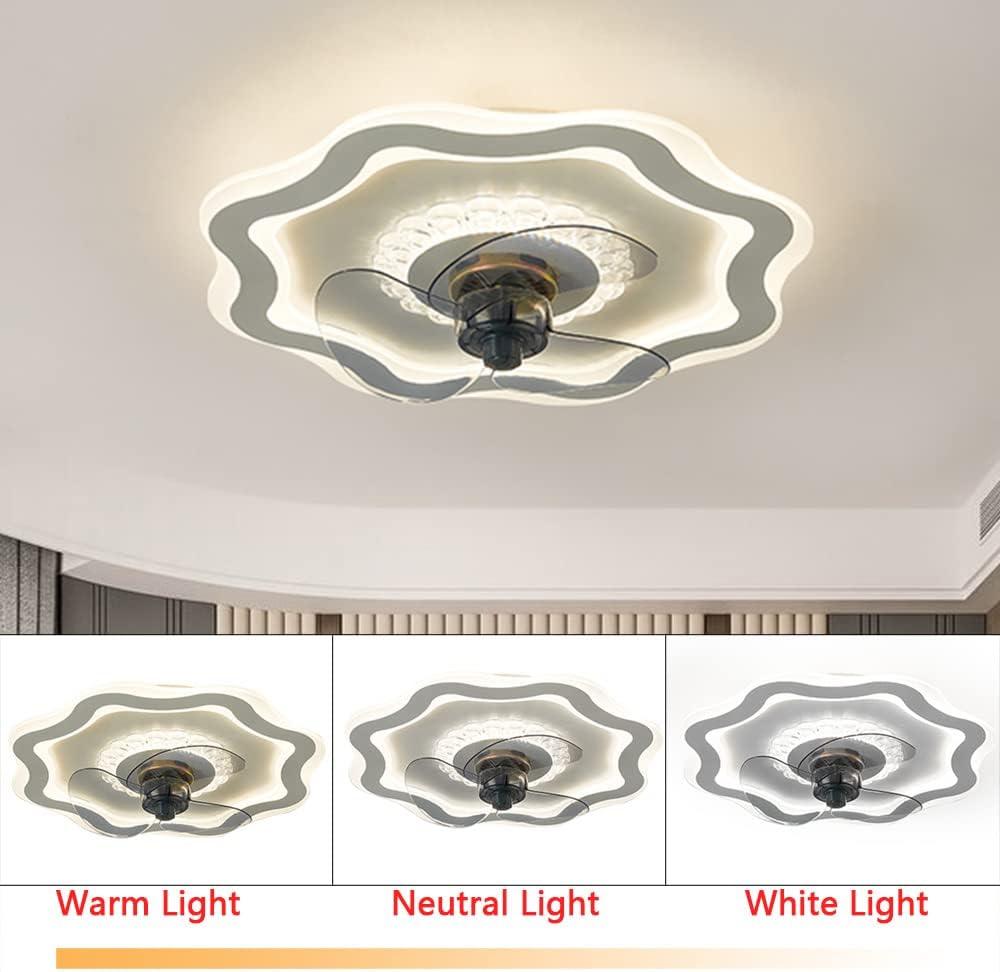 Chandelier , Low Profile Ceiling Fan with Lights Remote Control 20inch Modern Fandaliers Ceiling Fan Chandelier 3 Color Dimmable 3 Speed 3 Blade Flush Mount Ceiling Fan Light for Bedroom,72W 6400LM