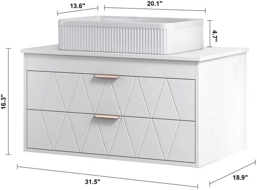 32' Floating Bathroom Vanity with Single Sink, Modern Stripe Wall Mounted Bathroom Vanities with Above Ceramic Basin, Wood Bathroom Vanity Storage Cabinet with 2 Drawers, White