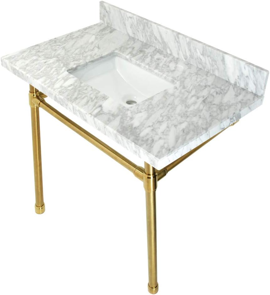 Kingston Brass KVPB36M8SQ7ST Dreyfuss 36' Carrara Marble Vanity Top with Stainless Steel Legs, Marble White/Brushed Brass
