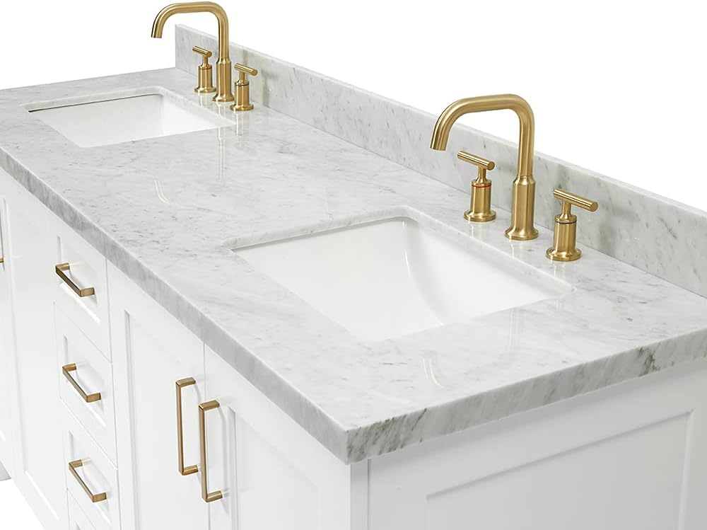 ARIEL Taylor 72-inch Bathroom Vanity with Sink,Solid Wood, 1.5-inch Italian Carrara Marble Countertop, Double Rectangular Porcelain Sink, 4 Soft Closing Doors, 6 Dovetail Drawers, White