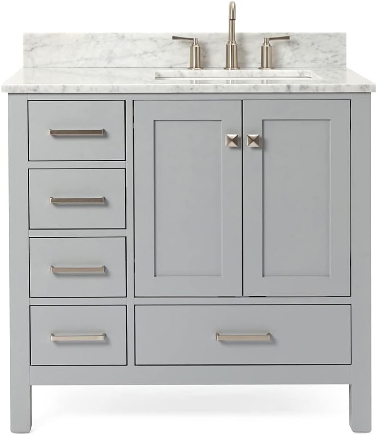 ARIEL Cambridge 36-inch Bathroom Vanity with Sink,Solid Wood, 0.75-inch Italian Carrara Marble Countertop, Single Rectangular Porcelain Sink, 2 Soft Closing Doors, 5 Dovetail Drawers, Grey