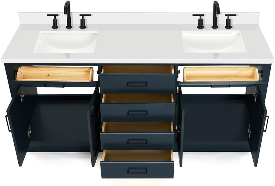 DKB Isabella 72 Inch Bathroom Vanity Double Sink — Midnight Blue Bathroom Vanity with Sink, 1.5' Edge Pure White Quartz Countertop, 4 Soft-Close Doors, 4 Dovetail Drawers, and 2 Tilt Drawers