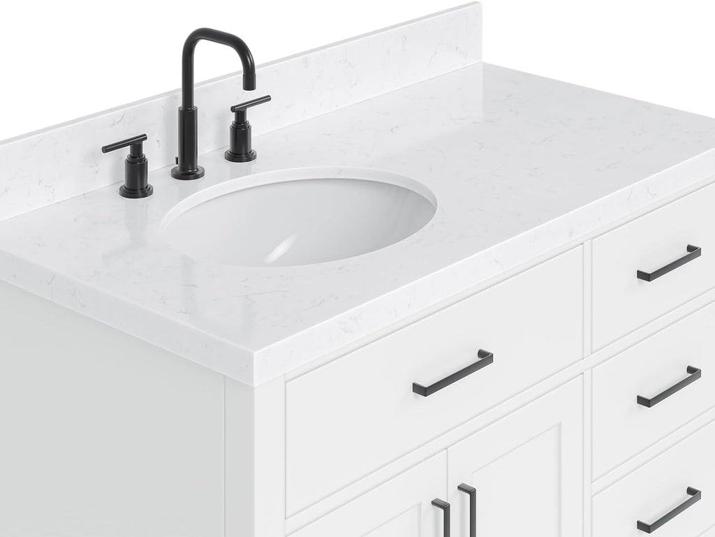 DKB Isabella 42-Inch White Bathroom Vanity with Sink, 1.5' Carrara Quartz Countertop, Solid Wood Frame, Left Oval Sink, 2 Soft Closing Doors, 5 Full Extension Drawers, Toe Kick
