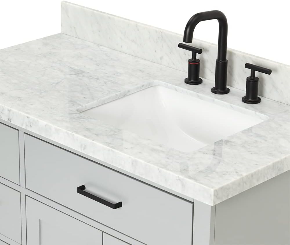 ARIEL 54' Grey Single Bathroom Vanity with Sink, 1.5' Italian Carrara Marble Countertop, Rectangular Undermount Sink, 2 Soft Closing Doors, 9 Dovetail Drawers