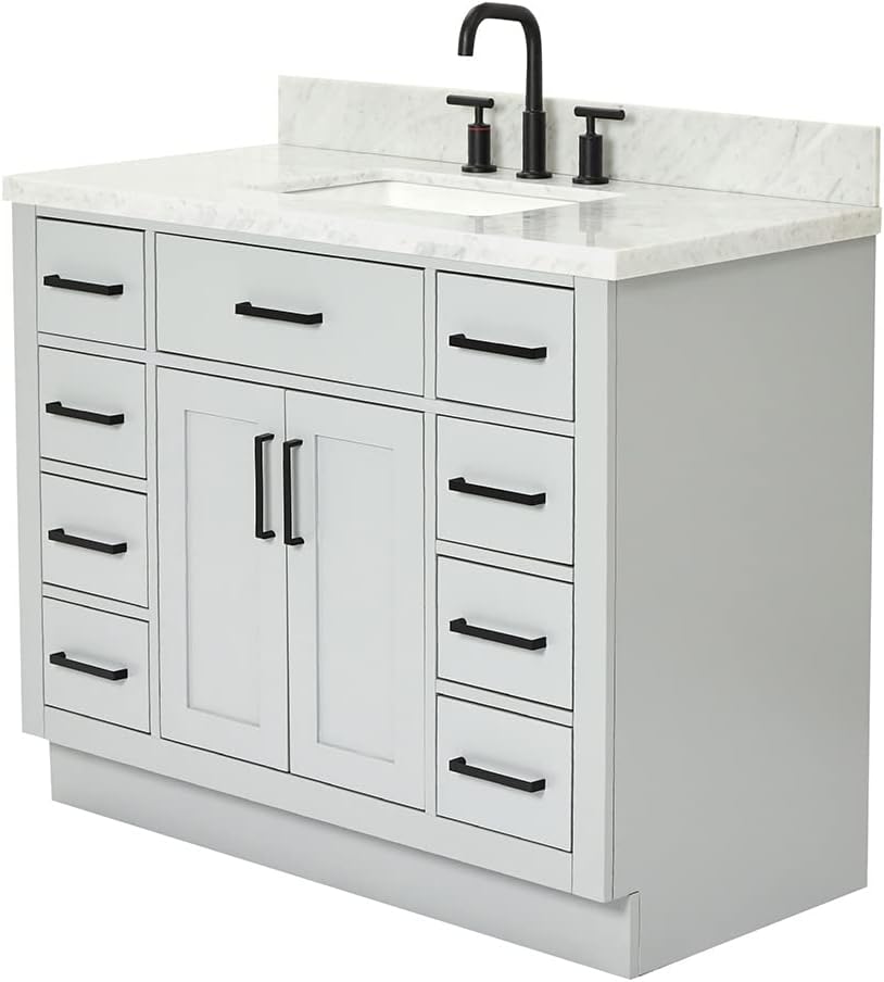 ARIEL Hepburn 42' Gray Single Bathroom Vanity with Sink, 1.5' Edge Italian Carrara Marble Top, Solid Wood Frame, Rectangular Undermount Sink, 2 Soft Closing Doors, 9 Dovetail Drawers