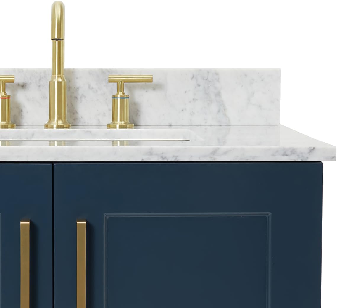 ARIEL Taylor 42-inch Bathroom Vanity with Sink,Solid Wood, 0.75-inch Italian Carrara Marble Countertop, Single Rectangular Porcelain Sink, 2 Soft Closing Doors, 5 Dovetail Drawers, Midnight Blue