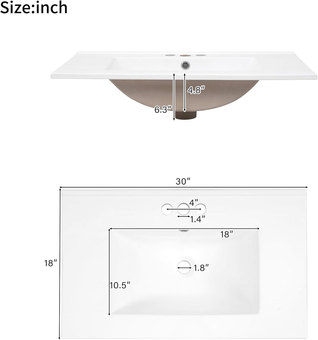 Harper & Bright Designs 30' Bathroom Vanity with Sink, Free Standing Single Basin Vanity Set with 2 Drawers, and Soft-Close Doors, Wood Bathroom Cabinet with Ceramic Basin for Bathroom, White