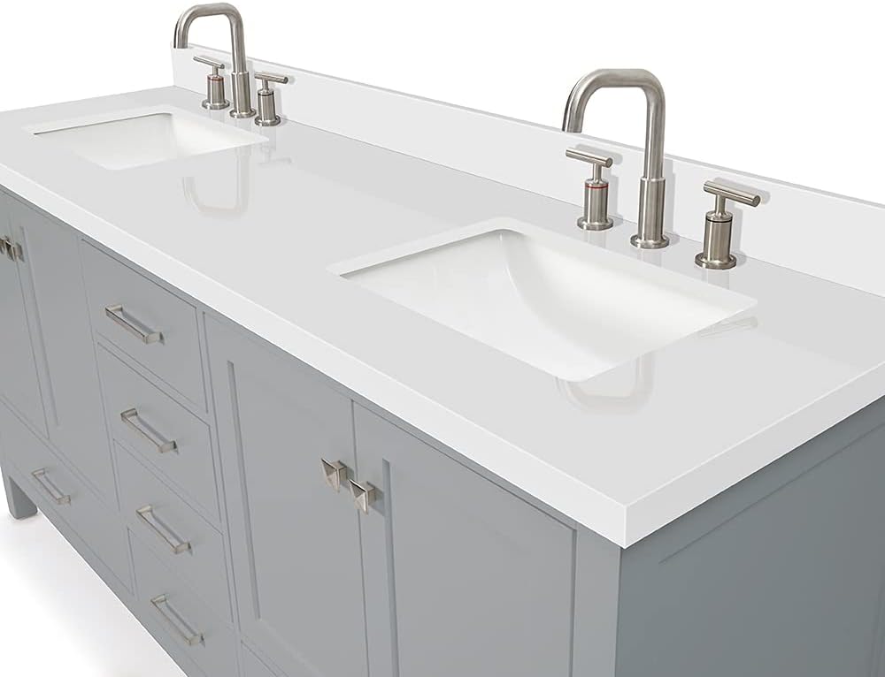 DKB Beckford 72 Inch Bathroom Vanity Double Sink — Grey Bathroom Vanity with Sink, 1.5' Edge Pure White Quartz Countertop & Backsplash, 4 Soft-Close Doors, 6 Dovetail Drawers