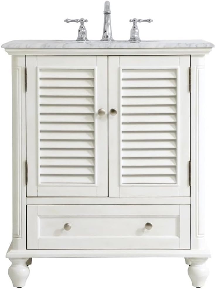 Pemberly Row 30' Single Marble Top Bathroom Vanity in Antique White
