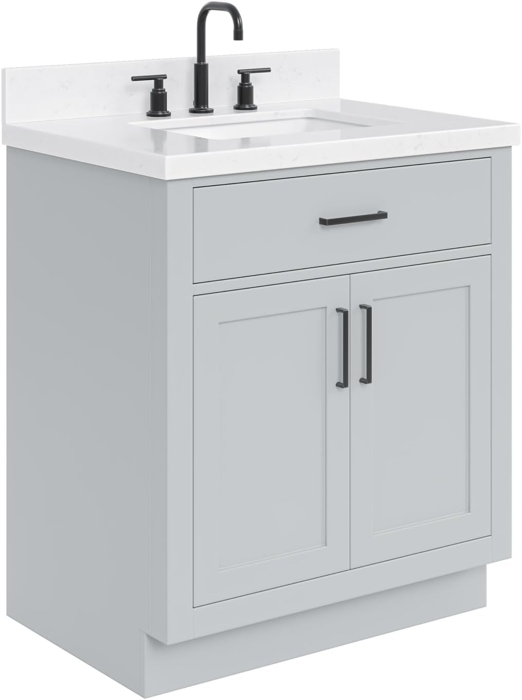 ARIEL Hepburn 30-inch Bathroom Vanity with Sink,Solid Wood, 1.5-inch Carrara White Quartz Countertop & Backsplash, Single Rectangular Porcelain Sink, 2 Soft Closing Doors, 1 Dovetail Drawers, Grey