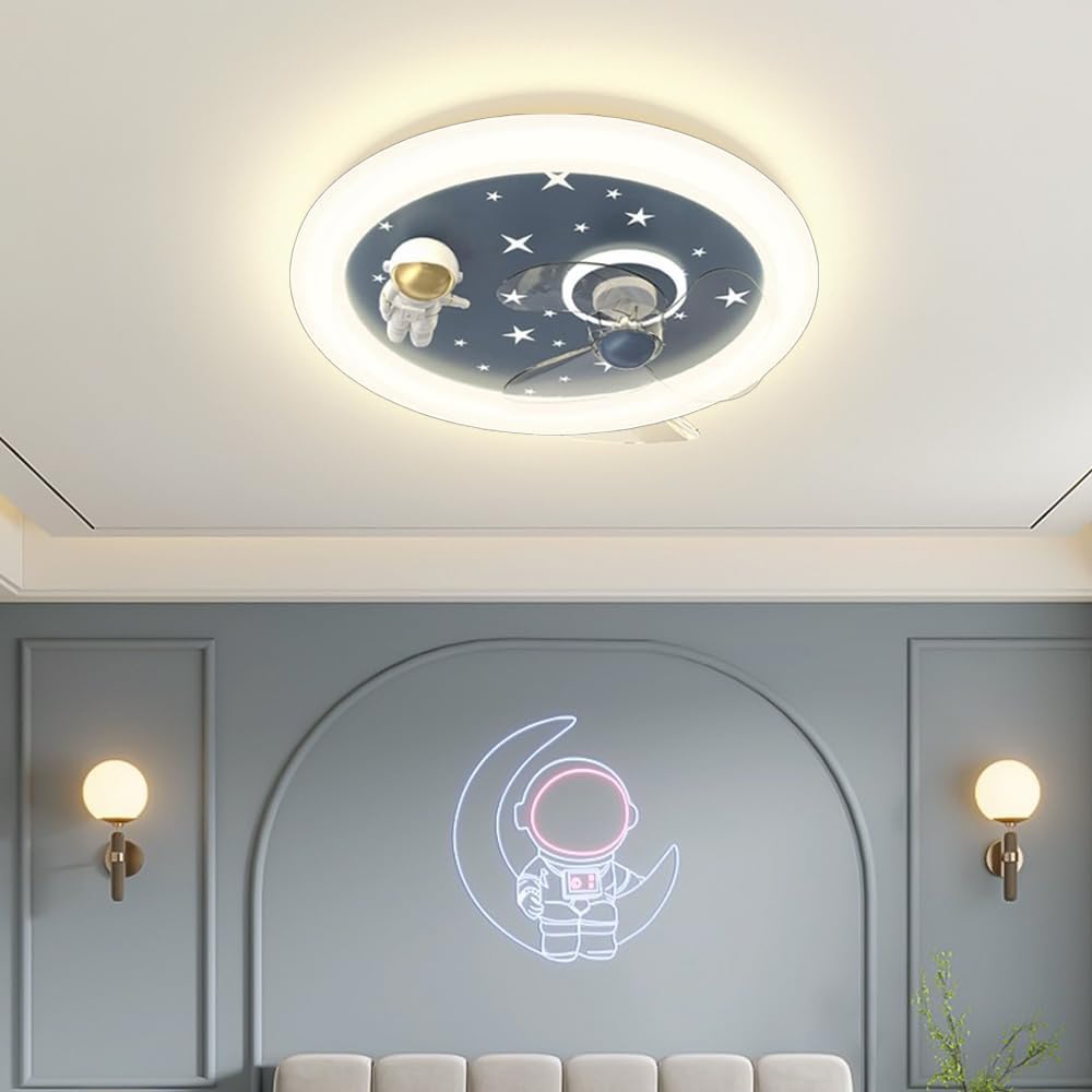 Cartoon Astronaut Kid's Room Ceiling Fans with Lights Children's Room Led Ceiling Lamp Creative Nursery Bedroom Ceiling Fan Lamp Dimmable for Boys Girls Room Ventilator Lamp 46W