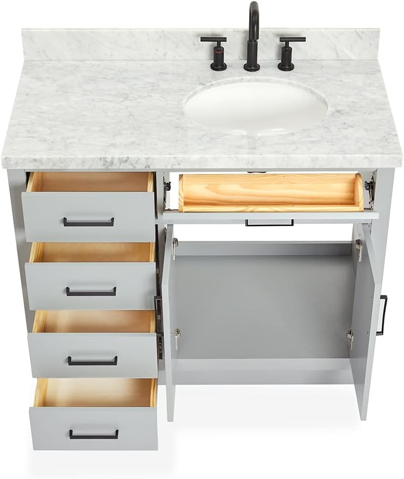 DKB Isabella 42' Gray Single Bathroom Vanity with Sink, 1.5' Edge Italian Carrara Marble Countertop, Oval Sink, 2 Soft Closing Doors, 5 Full Extension Dovetail Drawers